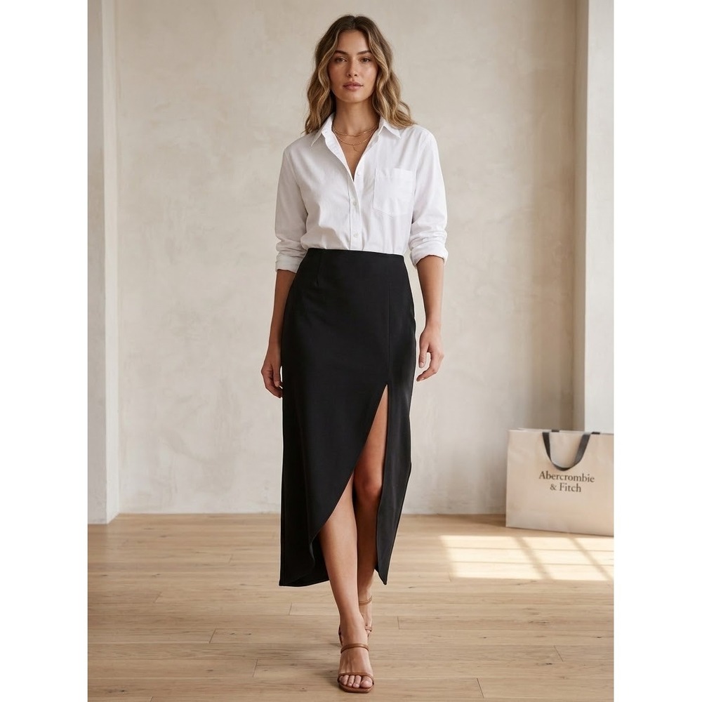 Abercrombie & Fitch Black High Slit Midi Wrap Skirt Size M